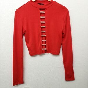 Faded Rose Red Rhinestone Detail Long Sleeve Top M